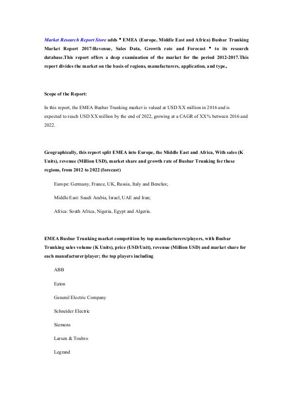 Market Research Report Store  EMEA (Europe, Middle East and Africa) Busbar Trunk