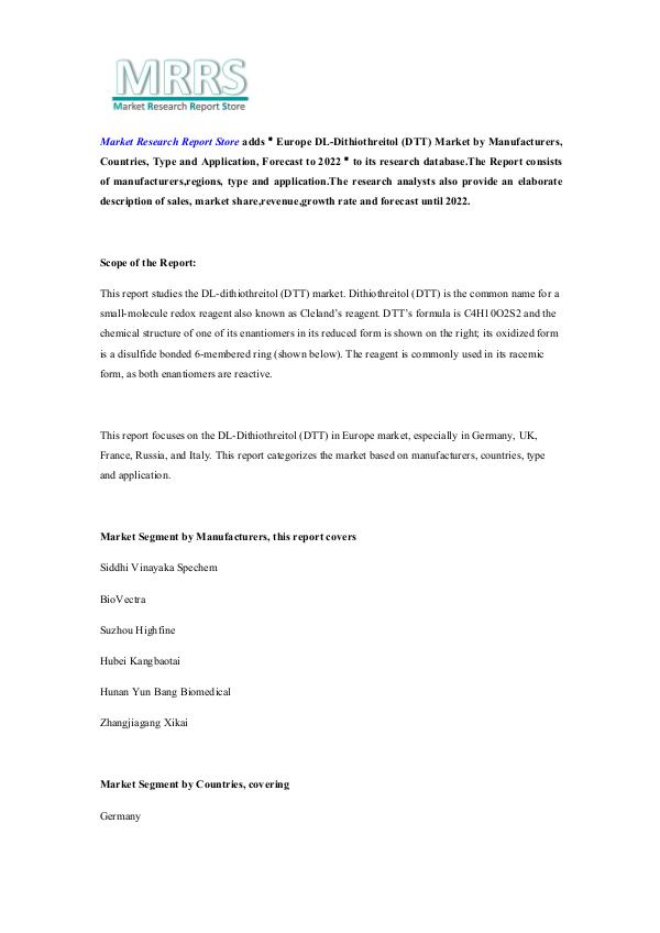 Market Research Report Store  Europe DL-Dithiothreitol (DTT) Market by Manufactu