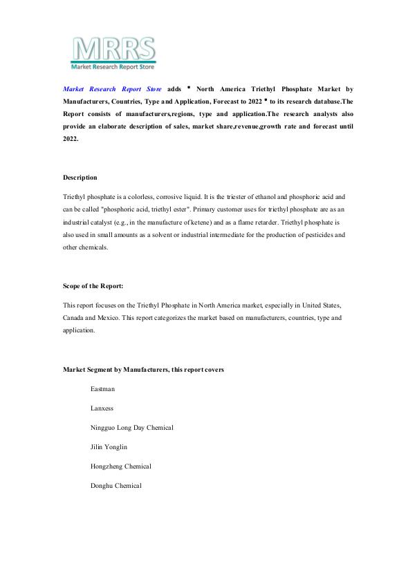 Market Research Report Store  North America Triethyl Phosphate Market by Manufac