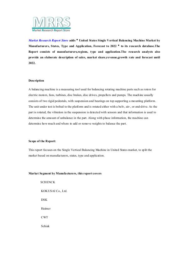 Market Research Report Store  United States Single Vertical Balancing Machine Ma