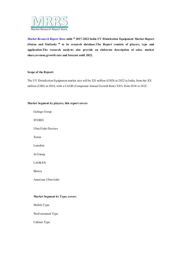2017-2022 India UV Disinfection Equipment Market R