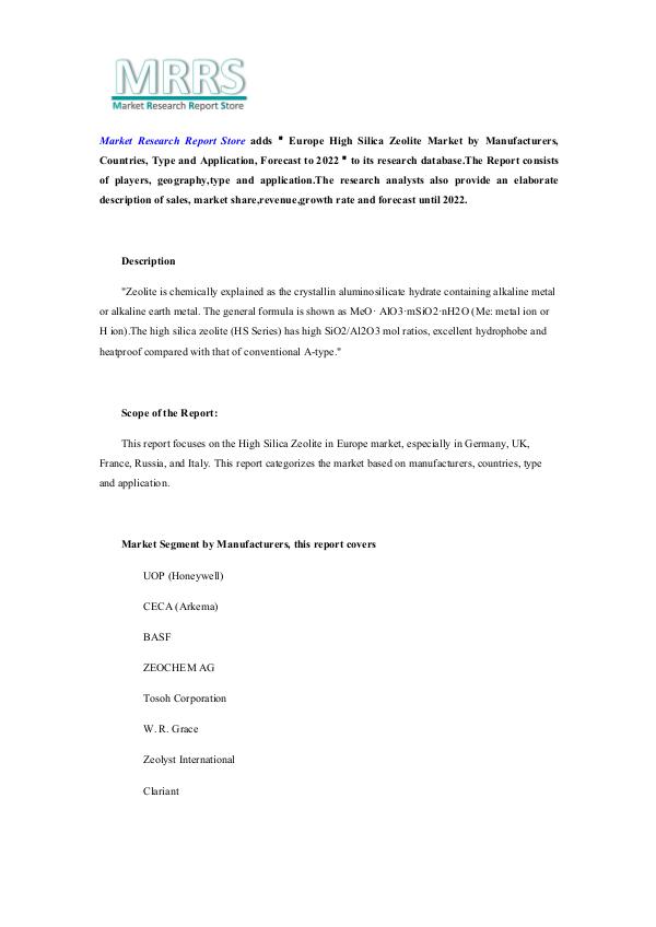 Market Research Report Store  Europe High Silica Zeolite Market by Manufacturers