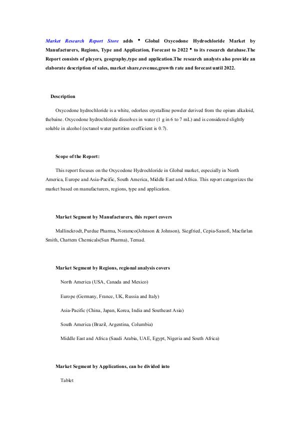 Market Research Report Store  Global Oxycodone Hydrochloride Market by Manufactu