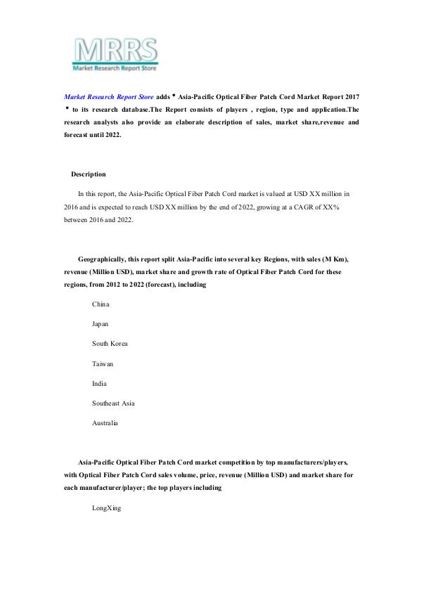 Asia-Pacific Optical Fiber Patch Cord Market Repor