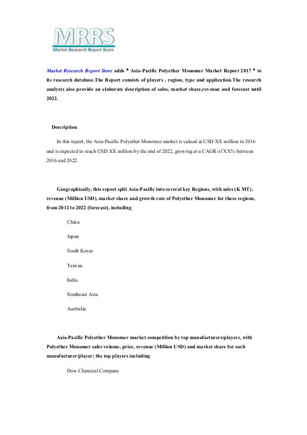 Asia-Pacific Polyether Monomer Market Report 2017