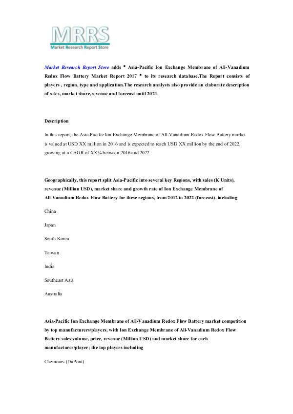 Market Research Report Store  Asia-Pacific Ion Exchange Membrane of All-Vanadium