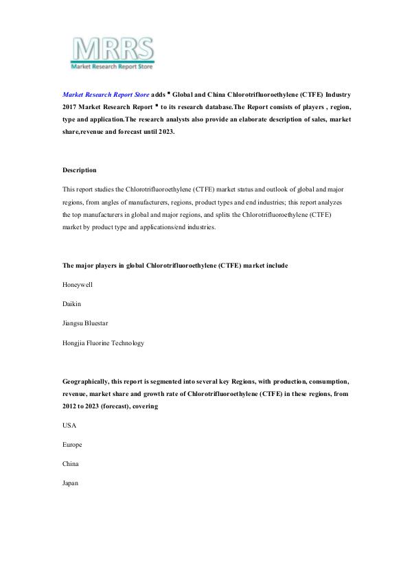 Market Research Report Store  Global and China Chlorotrifluoroethylene (CTFE) In