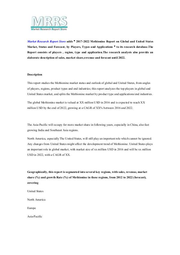 2017-2022 Methionine Report on Global and United S