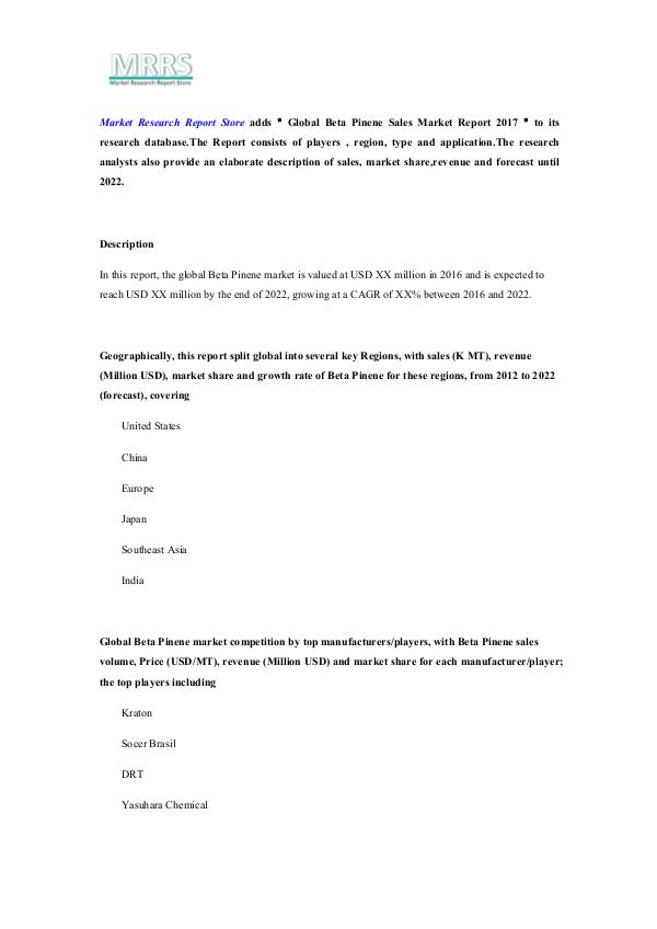 Global Beta Pinene Sales Market Report 2017