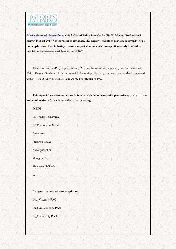 Global Poly Alpha Olefin (PAO) Market Professional