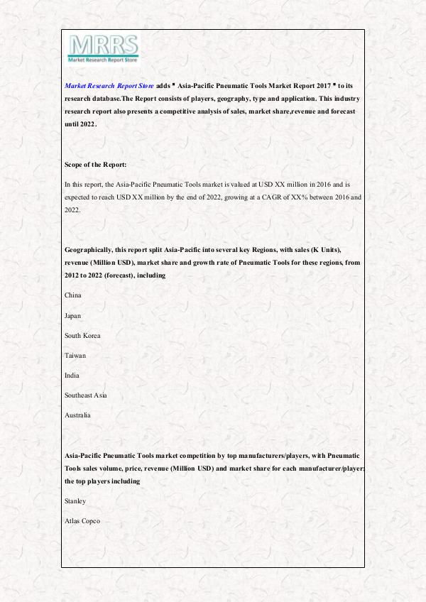 Market Research Report Store  Asia-Pacific Pneumatic Tools Market Report 2017
