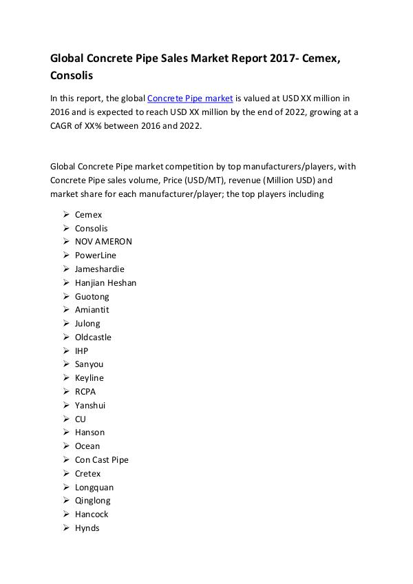 Market Research Reports Global Concrete Pipe Sales Market Report 2017