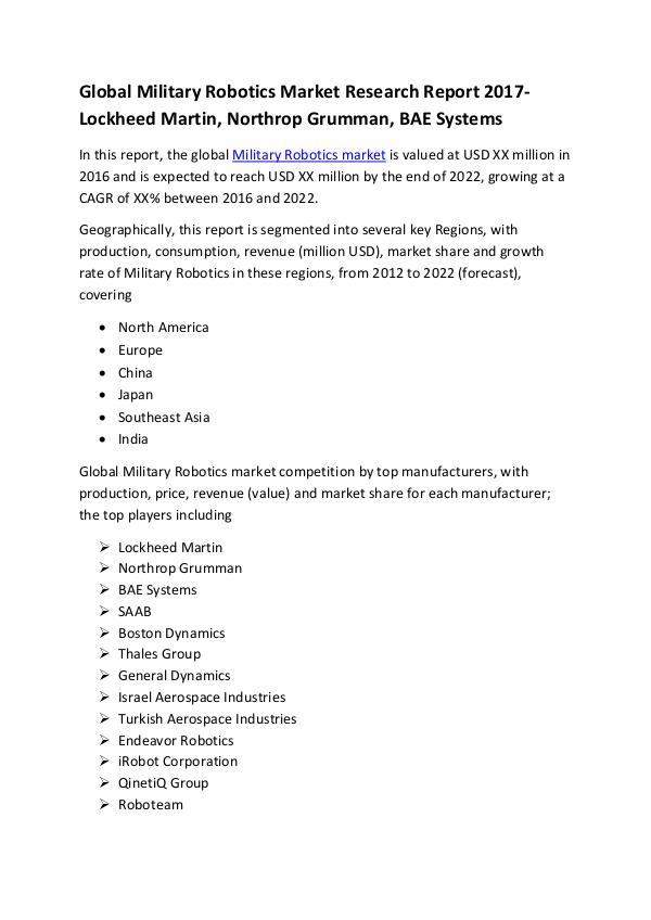 Market Research Reports Global Military Robotics Market Research Report 20