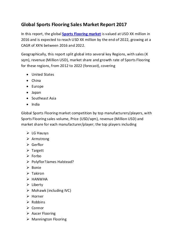 Market Research Reports Global Sports Flooring Sales Market Report 2017