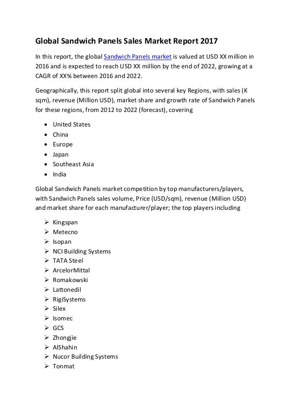 Market Research Reports Global Sandwich Panels Sales Market Report 2017