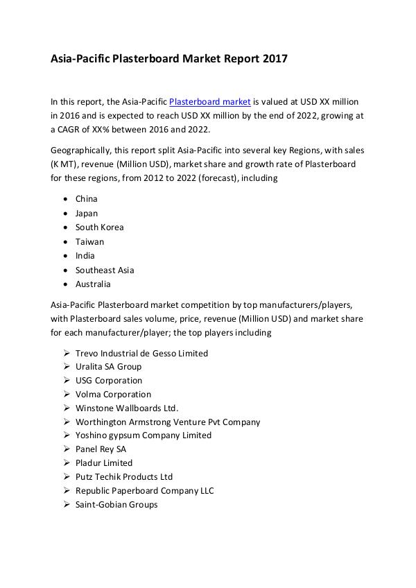 Market Research Reports Asia-Pacific Plasterboard Market Report 2017