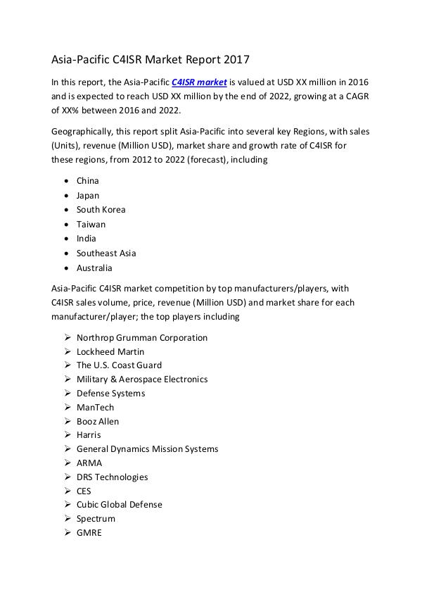 Market Research Reports Asia-Pacific C4ISR Market Report 2017