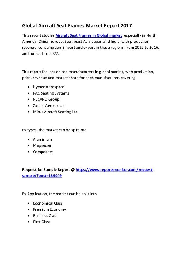 Market Research Reports Global Aircraft Seat Frames Market Report 2017