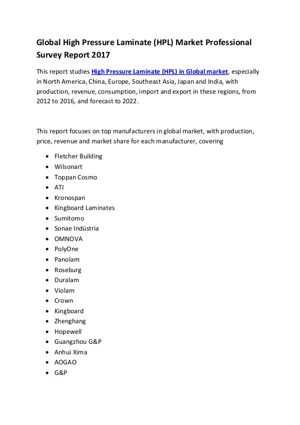 Market Research Reports Global High Pressure Laminate (HPL) Market Report