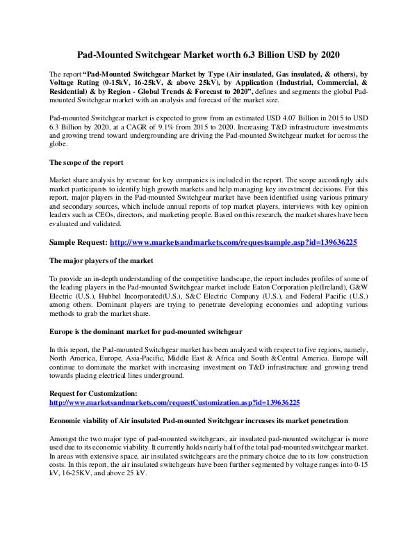 Pad-Mounted Switchgear Market worth 6.3 Billion USD by 2020 Pad-Mounted Switchgear Market