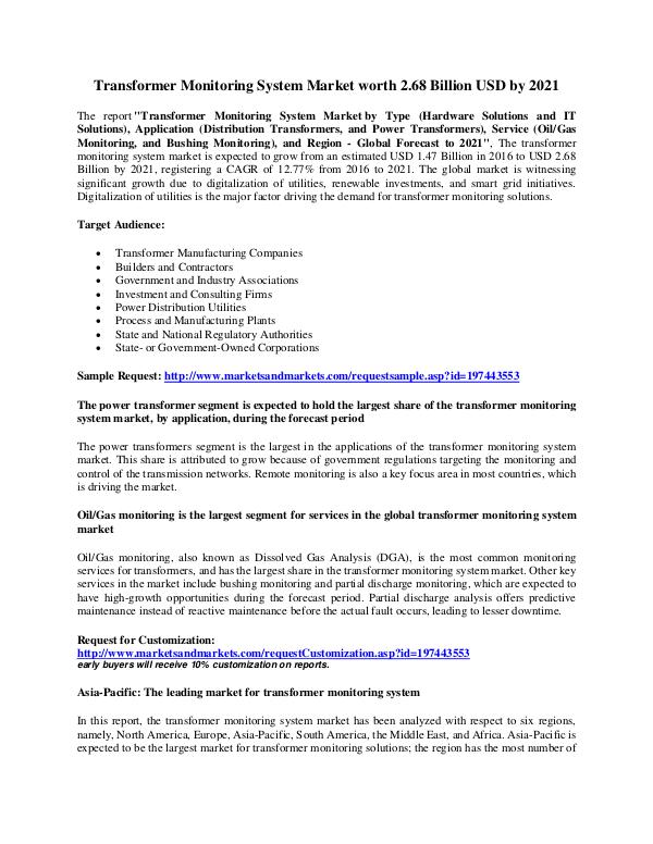 Transformer Monitoring System Market worth 2.68 Billion USD by 2021 Transformer Monitoring System Market