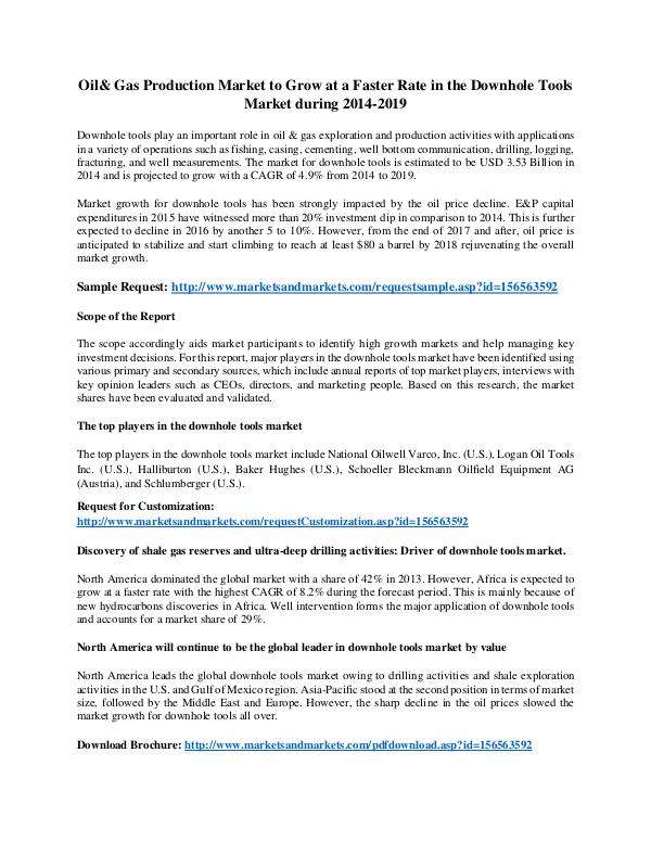 Downhole Tools Market during 2014-2019 Downhole Tools Market