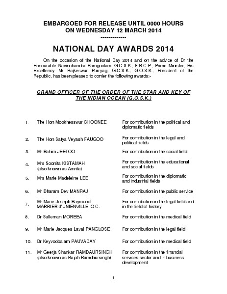 Independence NATIONAL DAY AWARDS 2014