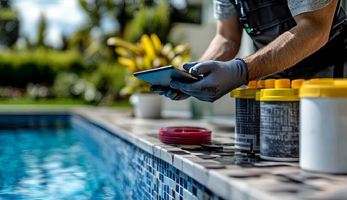 Maintenance worker checking pool chemicals
