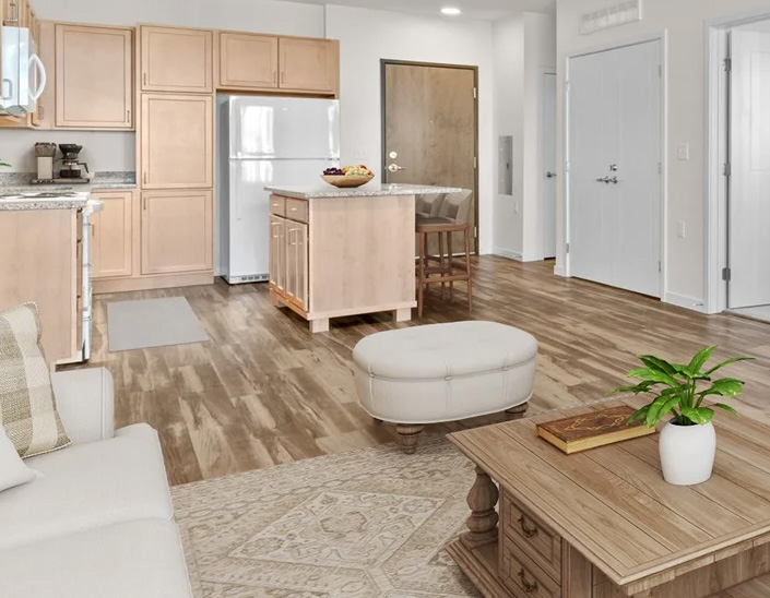 Apartment interior with a kitchen island and furnished living area