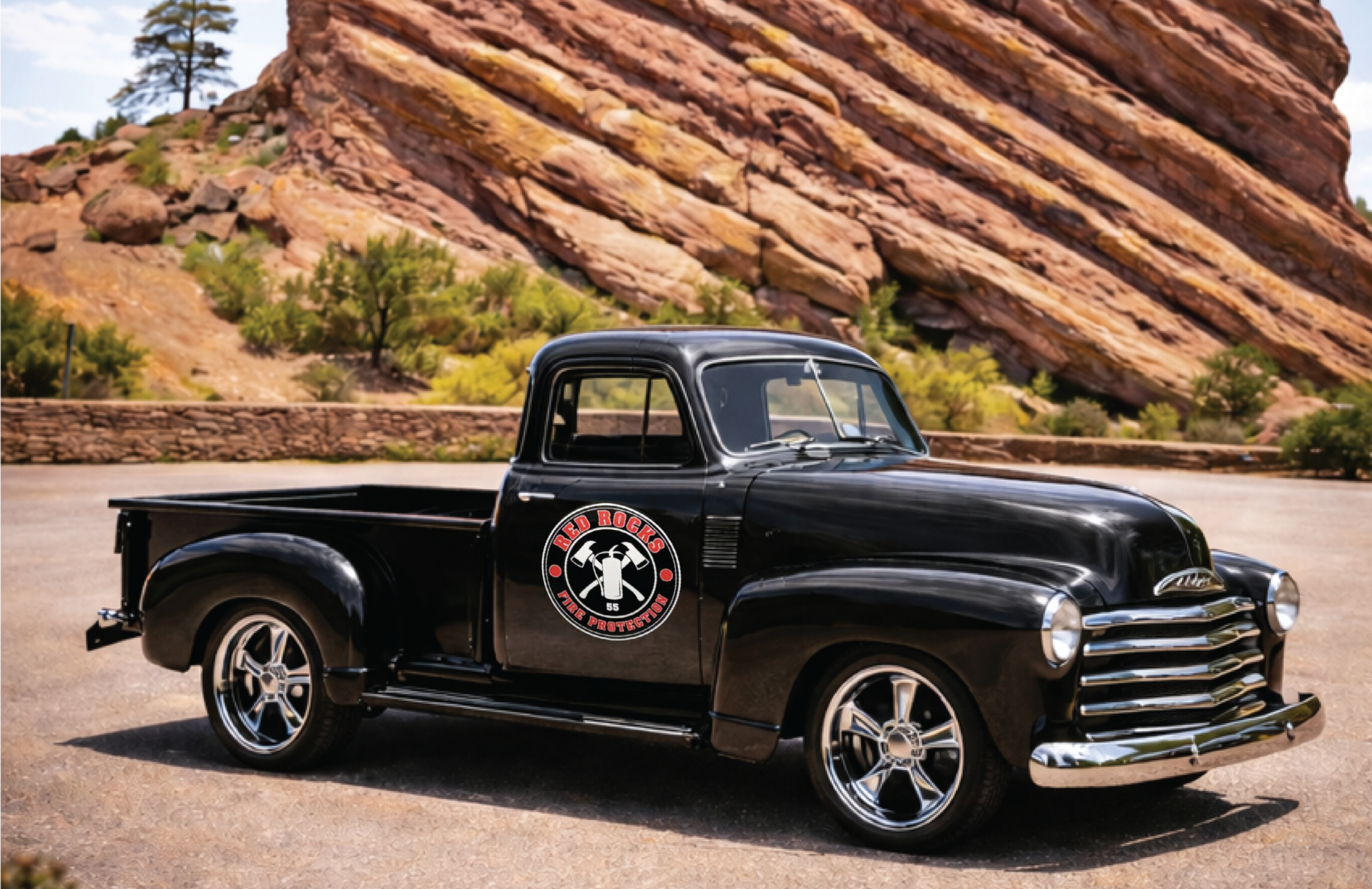 Red Rocks Fire Protection pickup truck in front of red sandstone cliffs