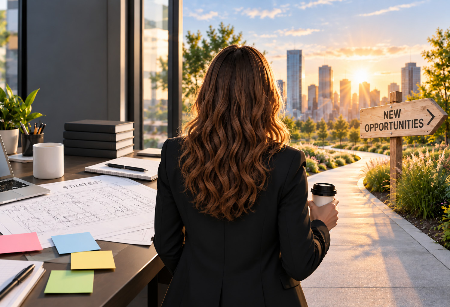 A woman seated at a desk looking toward a city skyline and a sign reading &ldquo;New Opportunities&rdquo;.